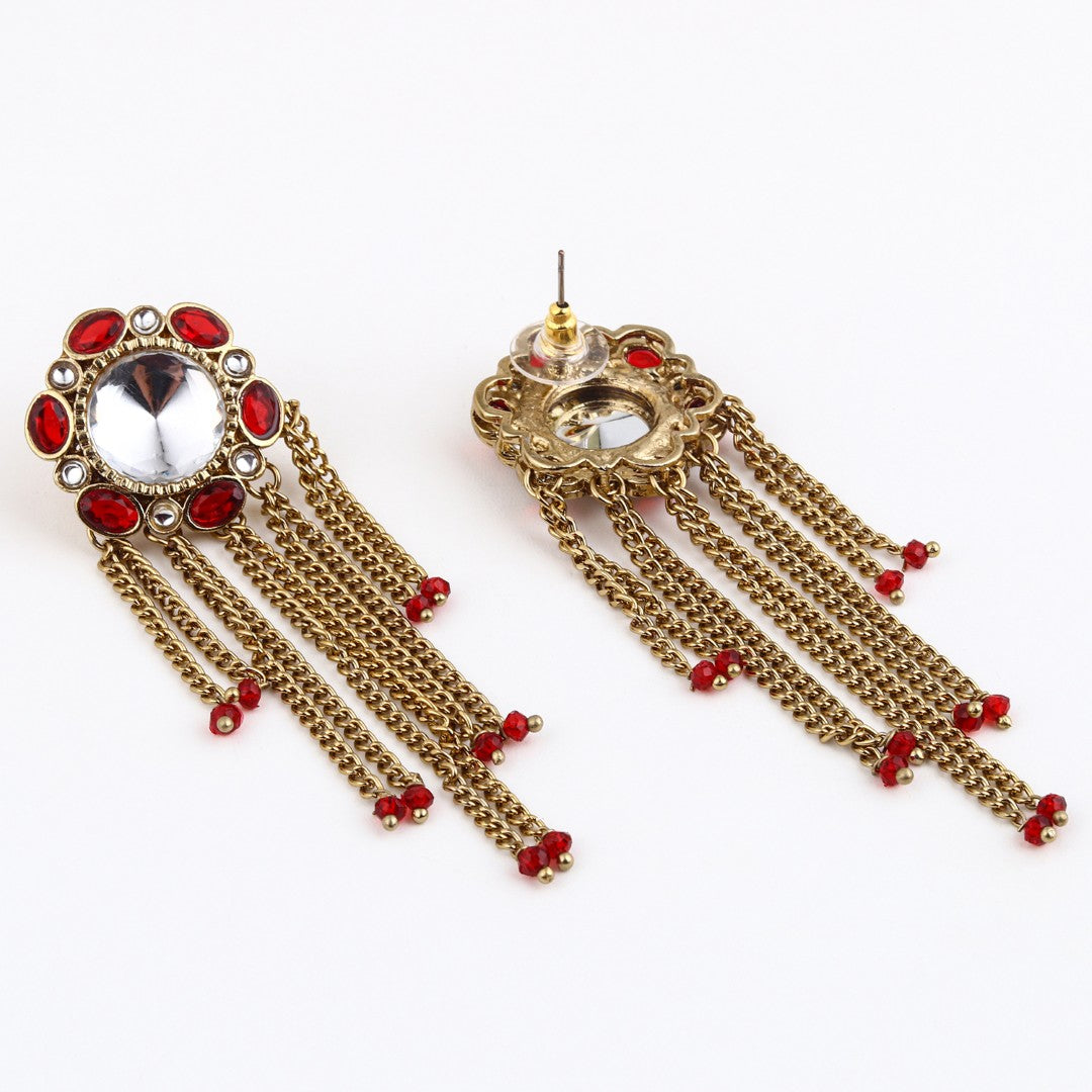 Kundan Tassel Drop Earrings - Red