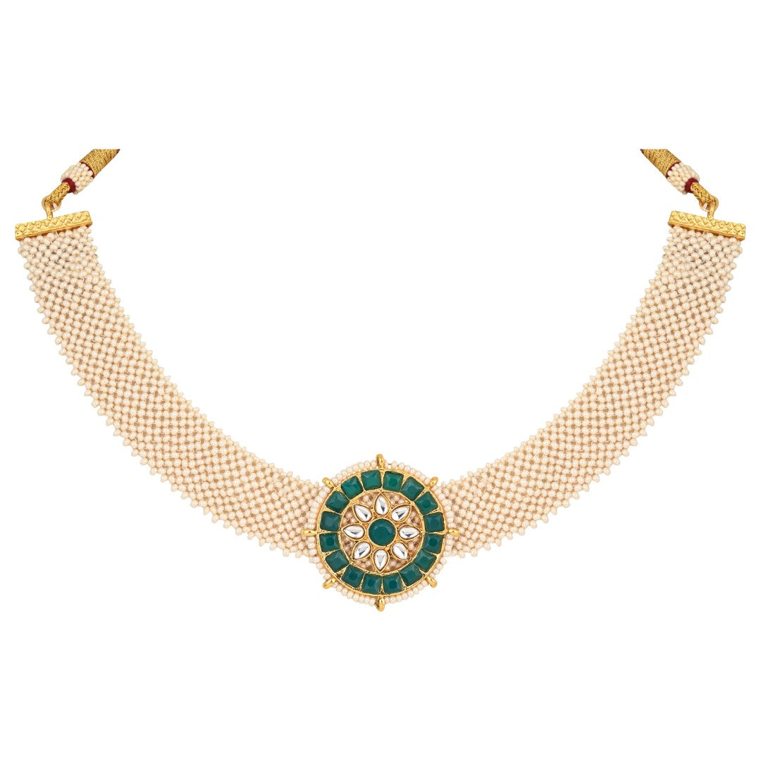 Elegant Kundan Choker Necklace Set with Pearl Mesh Strap Green