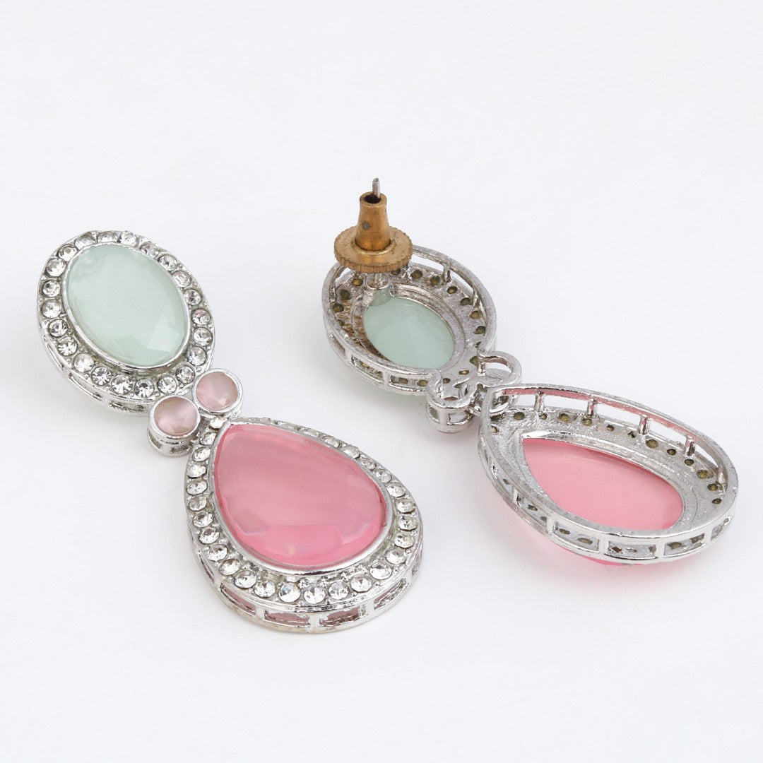 AD stone Tear drop earrings Sage green & Pink