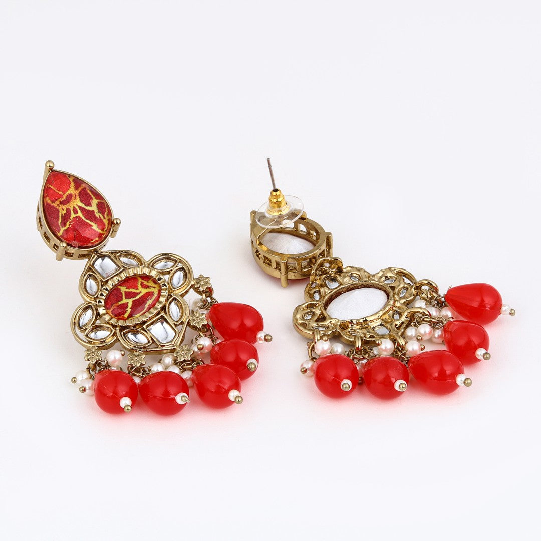 Gold-Plated Red Kundan Chandelier Earrings with Bead Drops