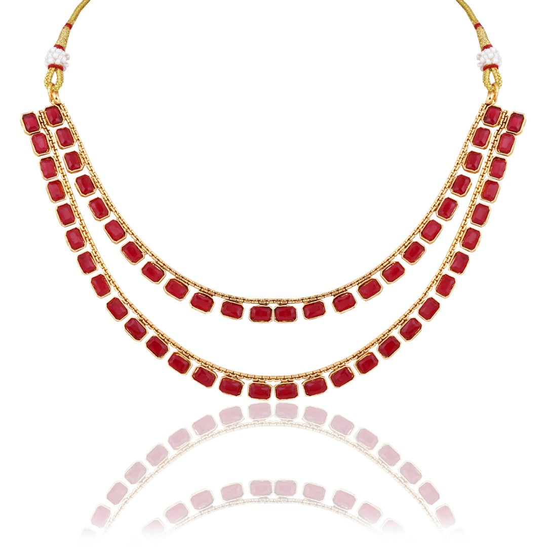 Ruby Royale Double-Layer Gold-Tone Necklace & Earrings Set