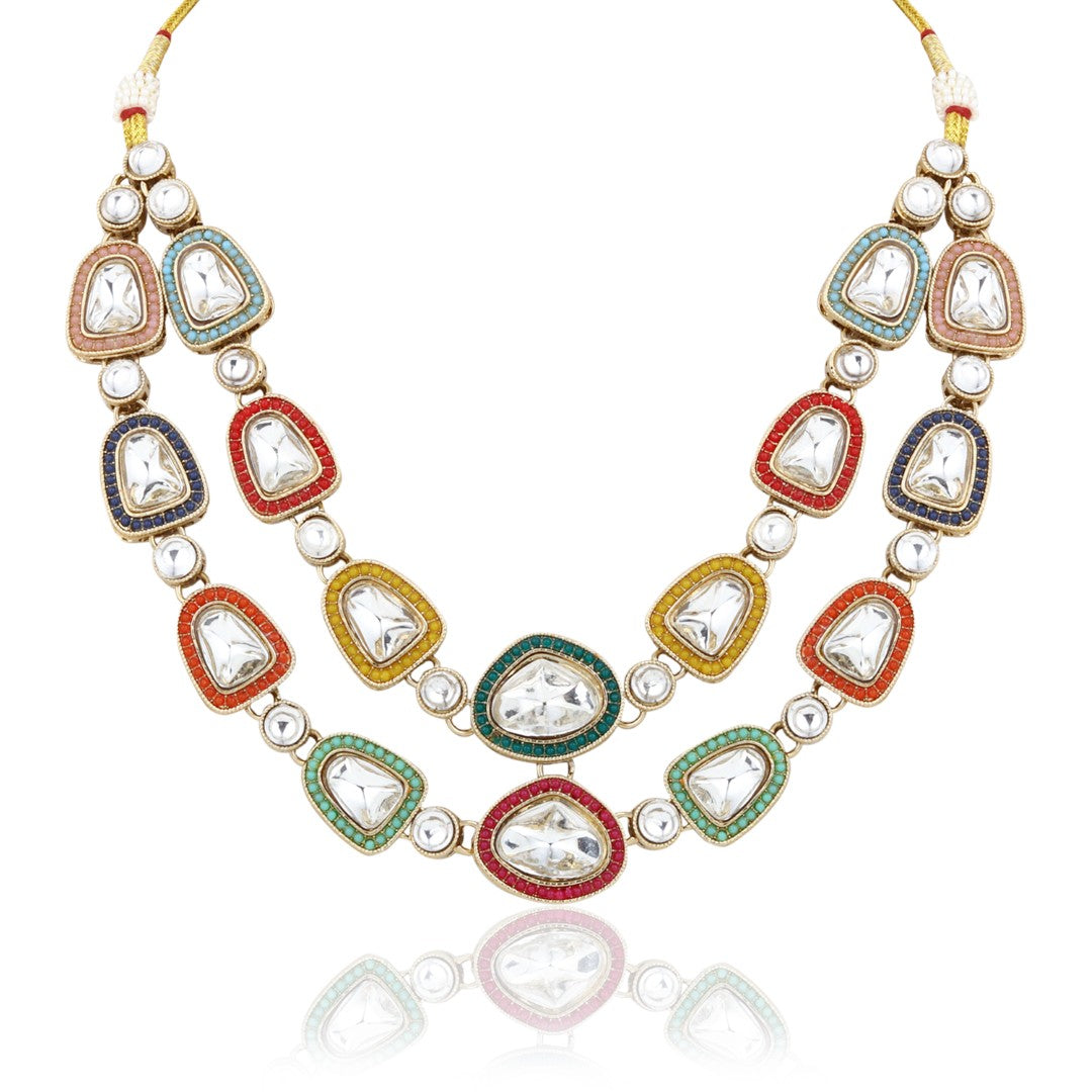 Multicolour Kundan Gold-Tone Necklace & Earrings Set