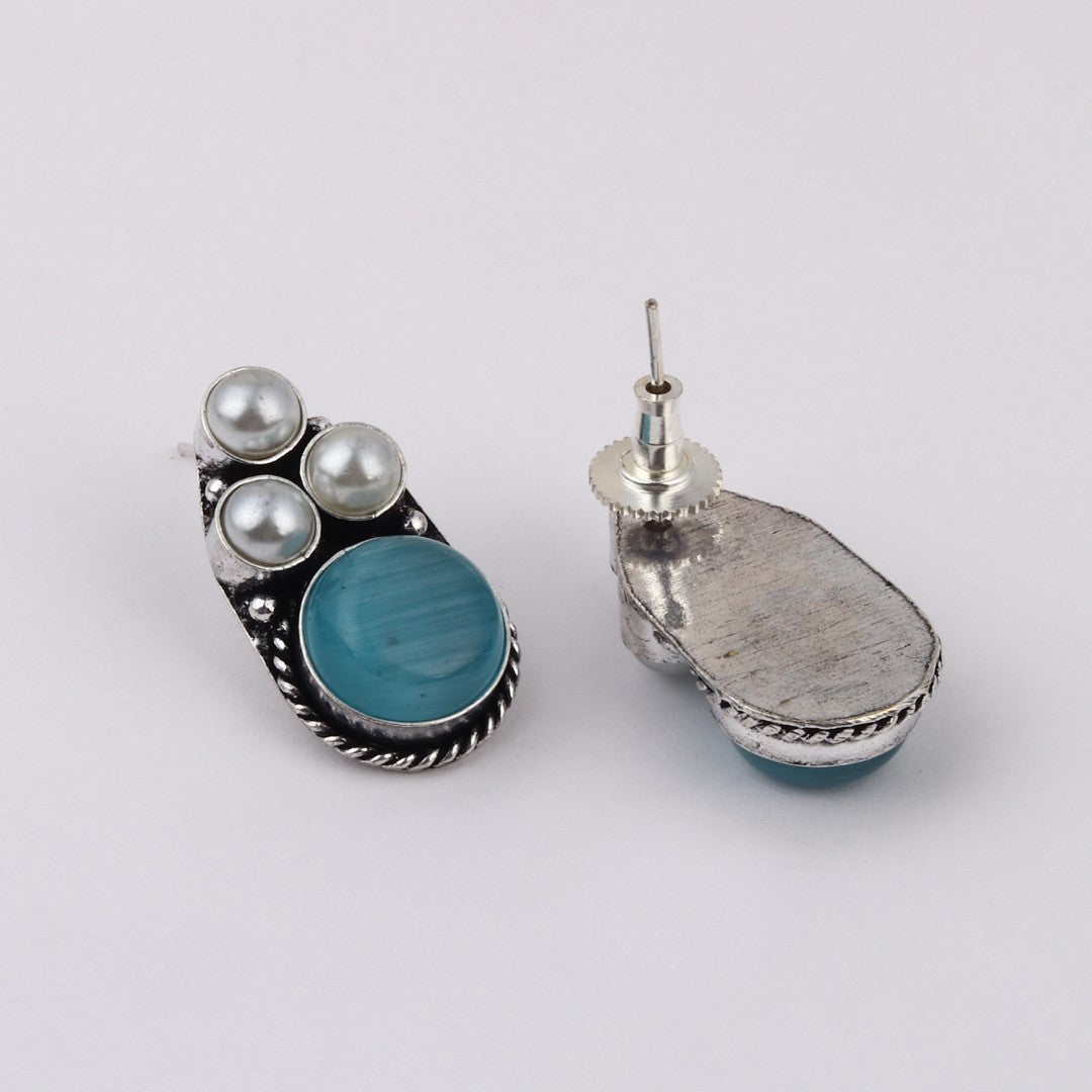 Silver Oxidised finish Pearl & Stone pendant Set Blue