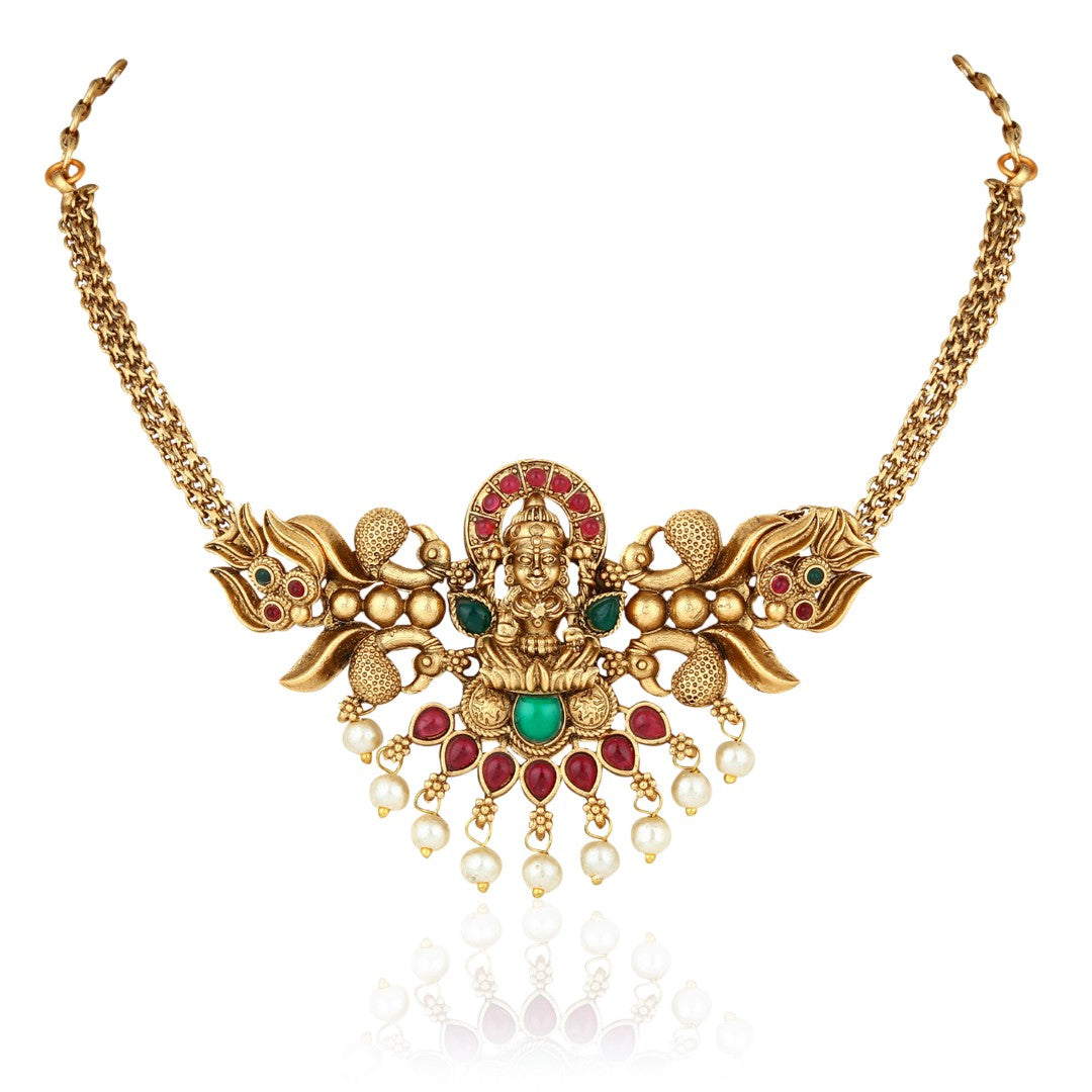 Traditional Gold Temple Jewelry Necklace Set with Earrings