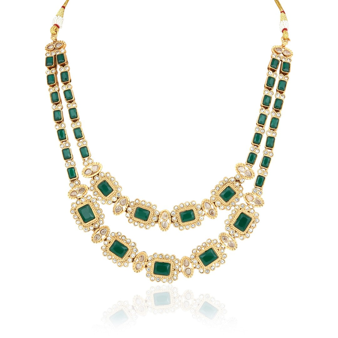 Emerald Double Layer Necklace Earrings Set