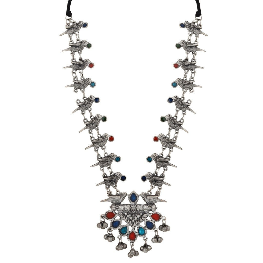 Silver Oxidised Finish Meenakari Jewellery Set