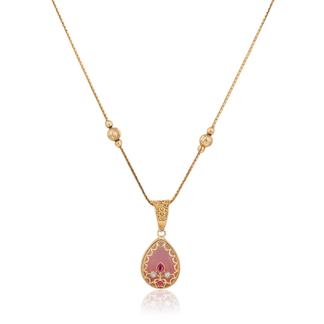 Tear drop Stone Kundan Pendant Necklace & Stud Earrings Set Pink