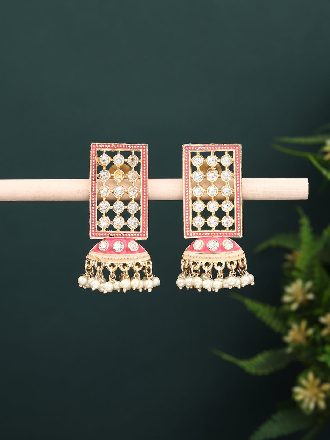 Gold Plated Drop earring with Pink Enamel