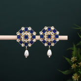 Gold plated Blue & White Monalisa Stone Studs with pearl drop