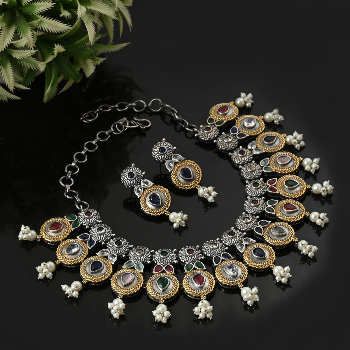 Dual Tone Necklace Set with AD & Camp stone