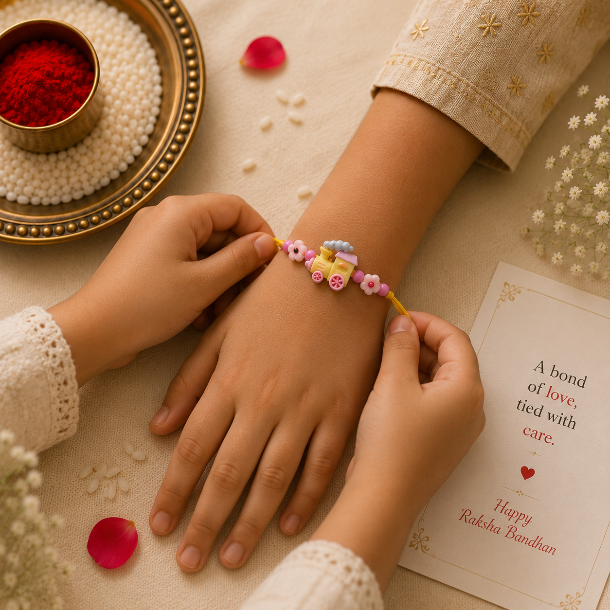 Set of 2 Kids Rakhi Combo – Headphone Evil Eye Rakhi & Cute Toy Train Rakhi