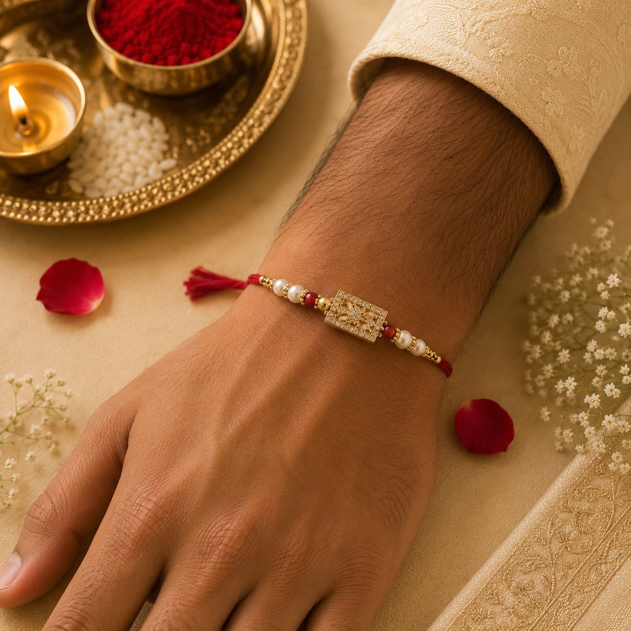 Premium CZ Rakhi with Pearl Beads & Gold-Tone Rectangle Charm