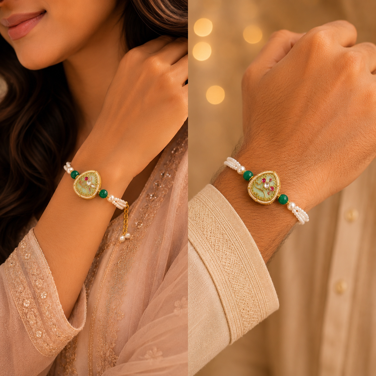 Mint Green Bhaiya Bhabhi Rakhi Set – Pearl Bracelet & Designer Rakhi Combo