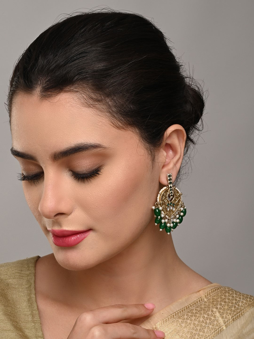 Pear-Shaped MOP Drop Earrings with Green Pearl Charm