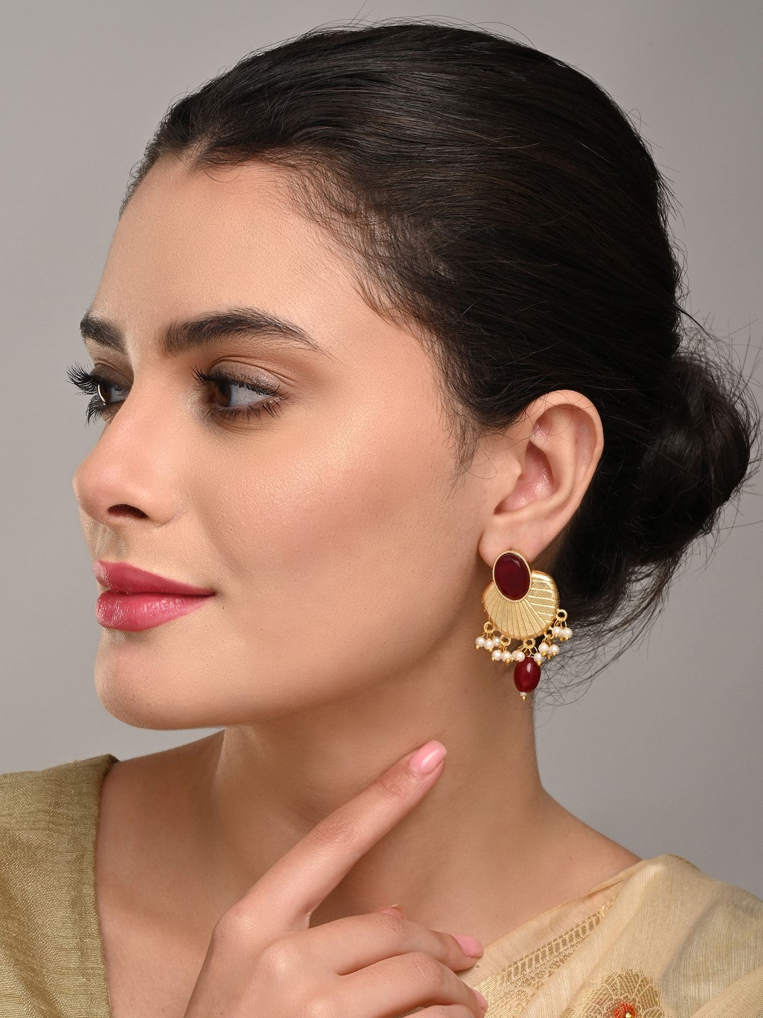 Gold plated Studs with red stone & red pearl drops