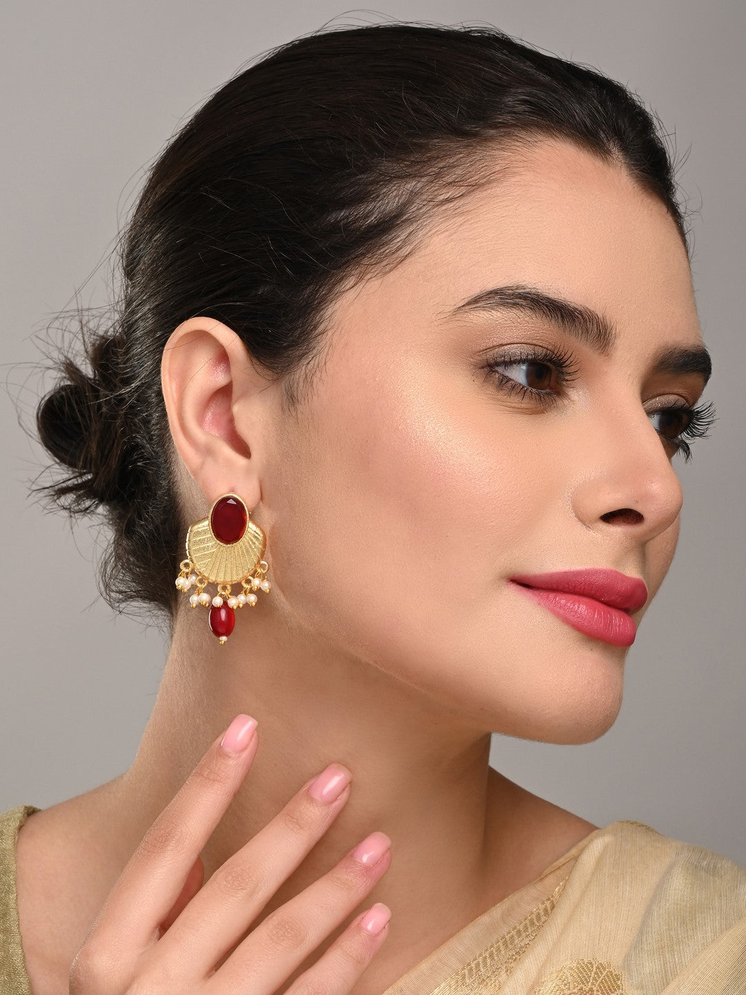Gold plated Studs with red stone & red pearl drops