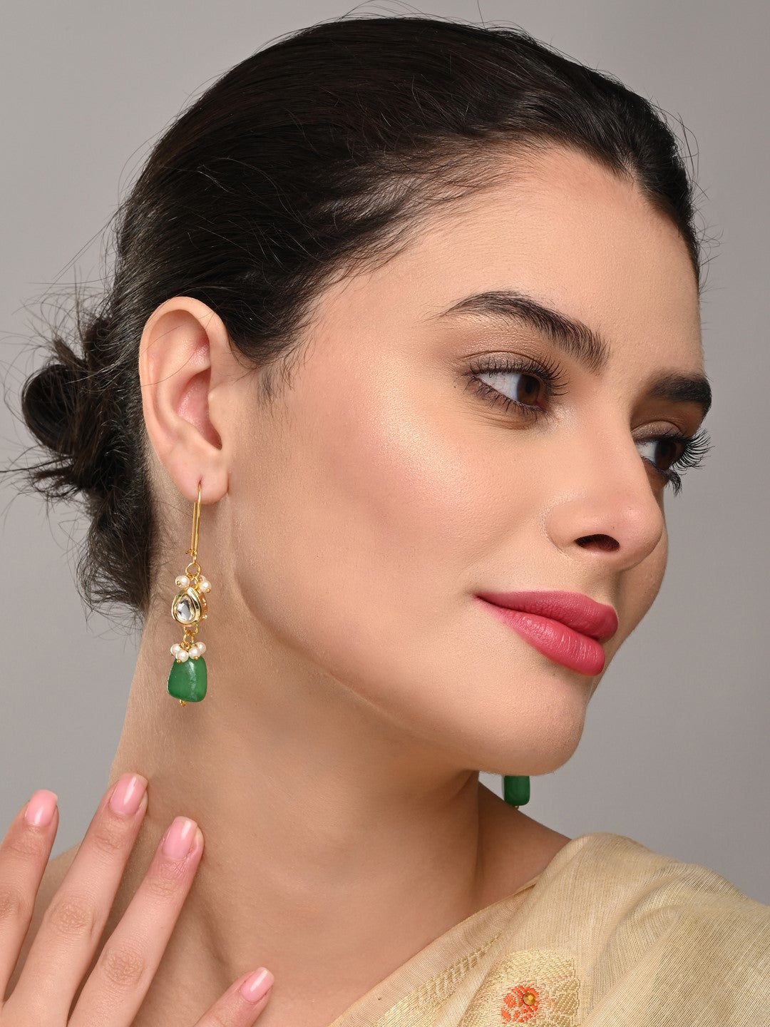 Gold-Plated Kundan & Natural Green Stone Drop Earrings