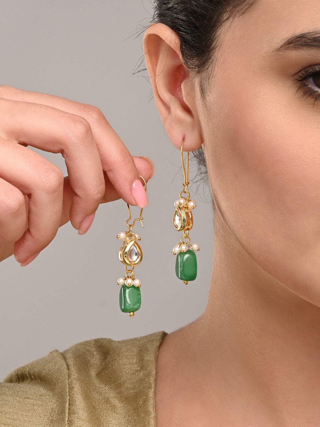 Gold-Plated Kundan & Natural Green Stone Drop Earrings