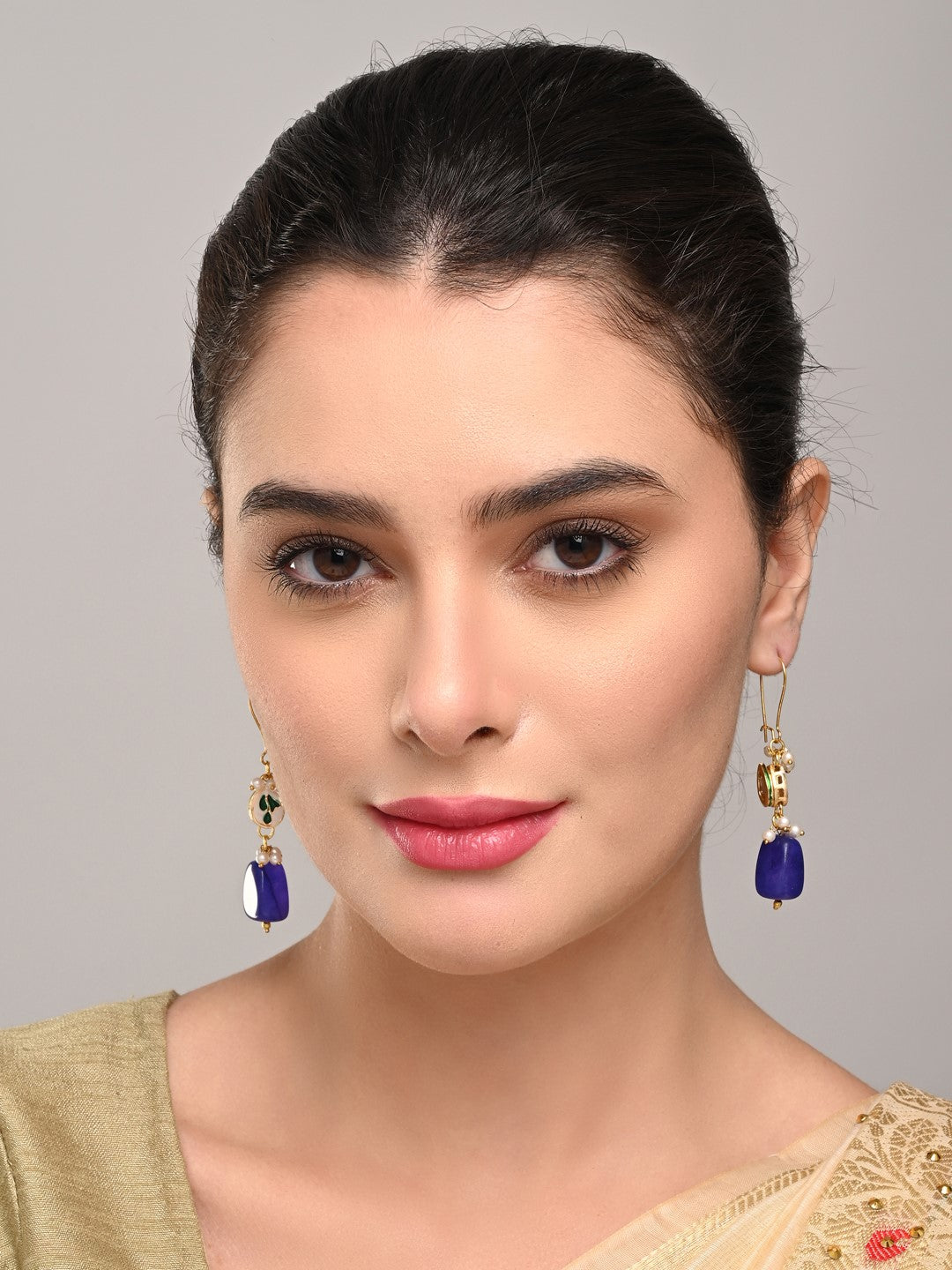 Gold-Plated Kundan & Natural Blue Stone Drop Earrings