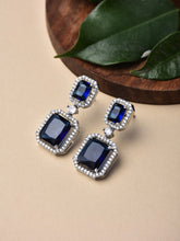 Rhodium Plated Rectangular CZ stone drop earring Blue