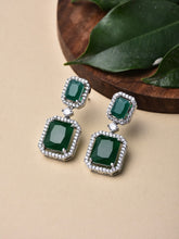 Rhodium Plated Rectangular CZ stone drop earring Green