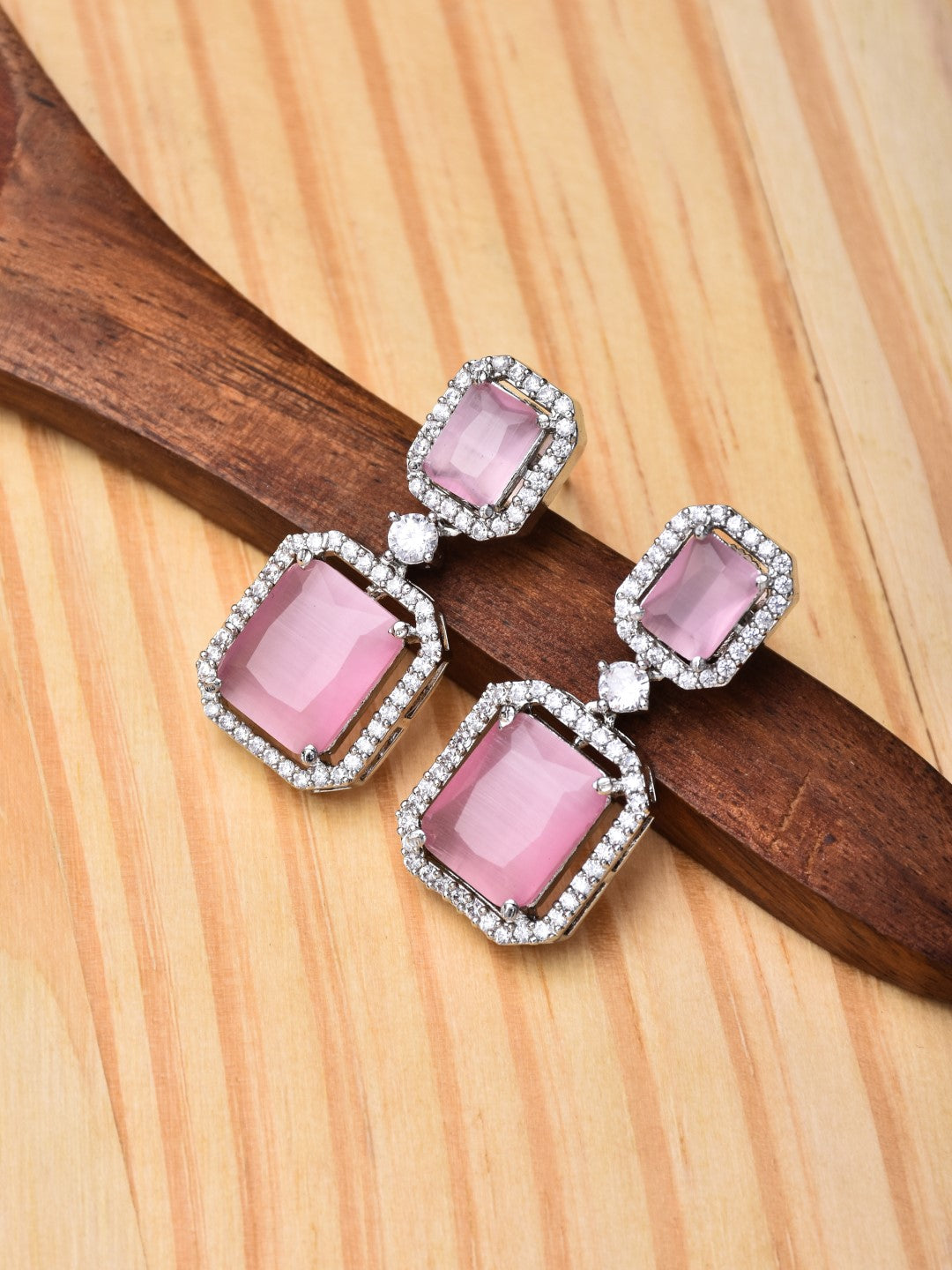 Rhodium Plated Rectangular CZ stone drop earriing Pink