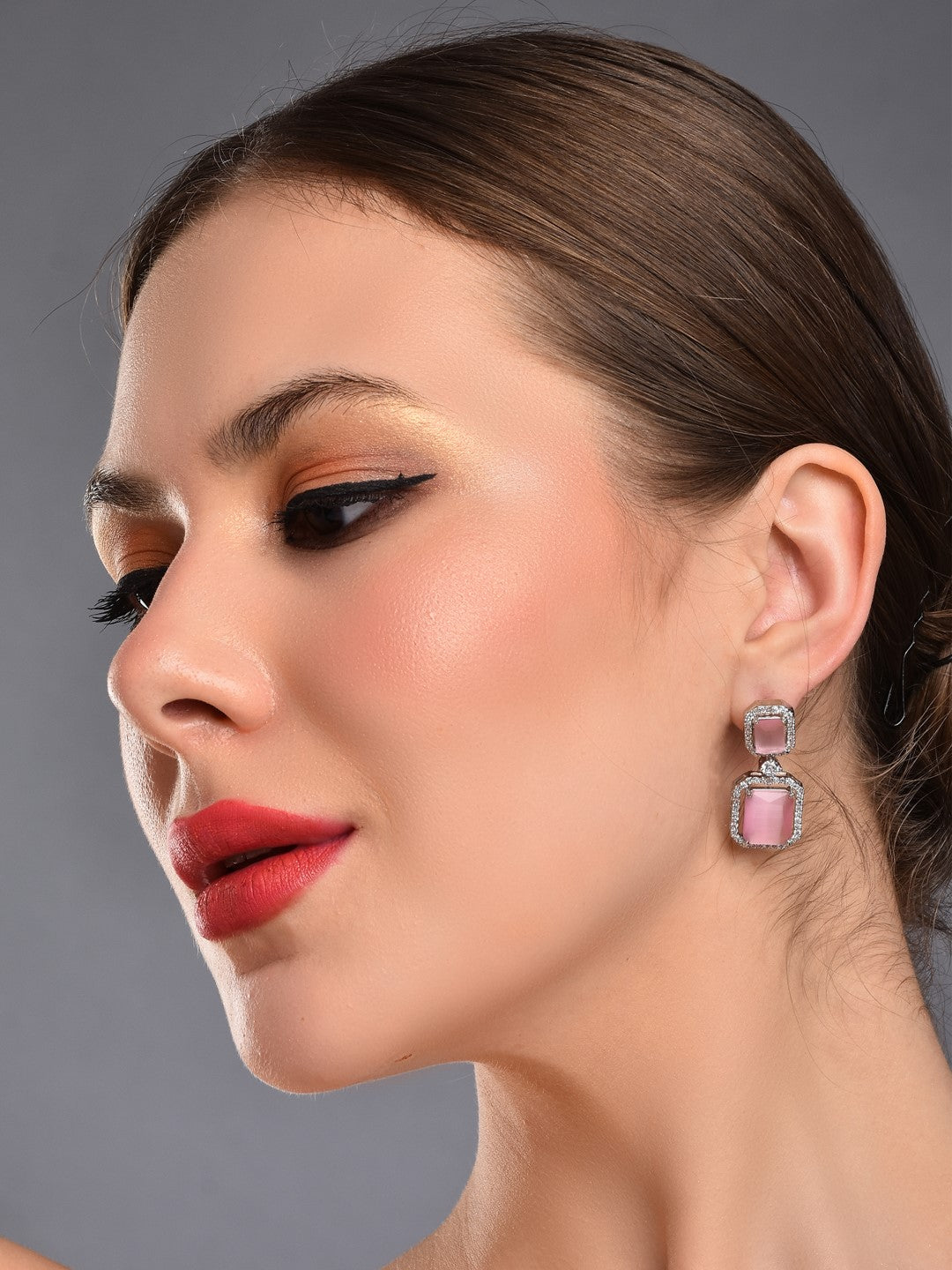 Rhodium Plated Rectangular CZ stone drop earriing Pink