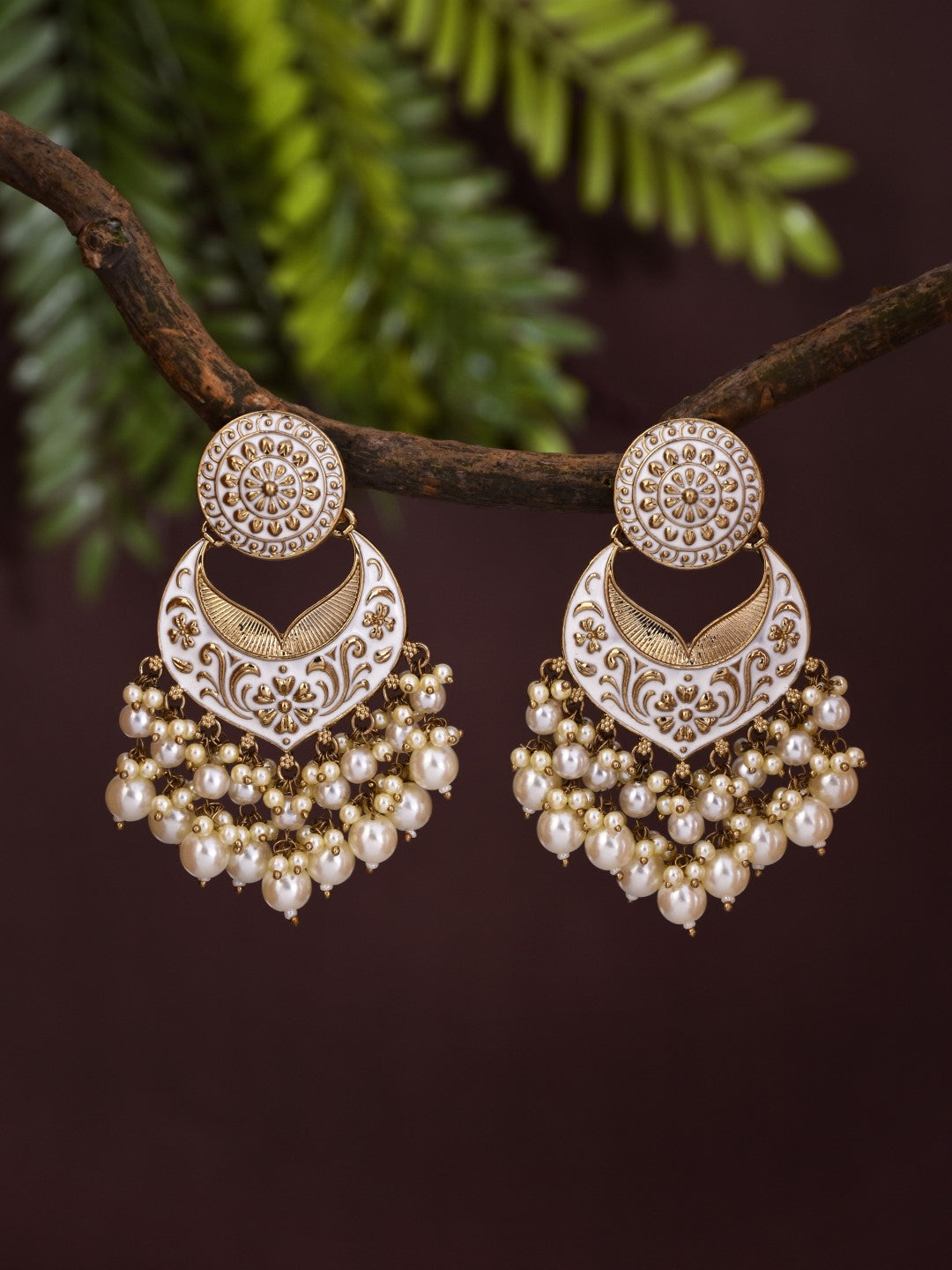 Meenakari Chandbali Earrings with Pearl Drops