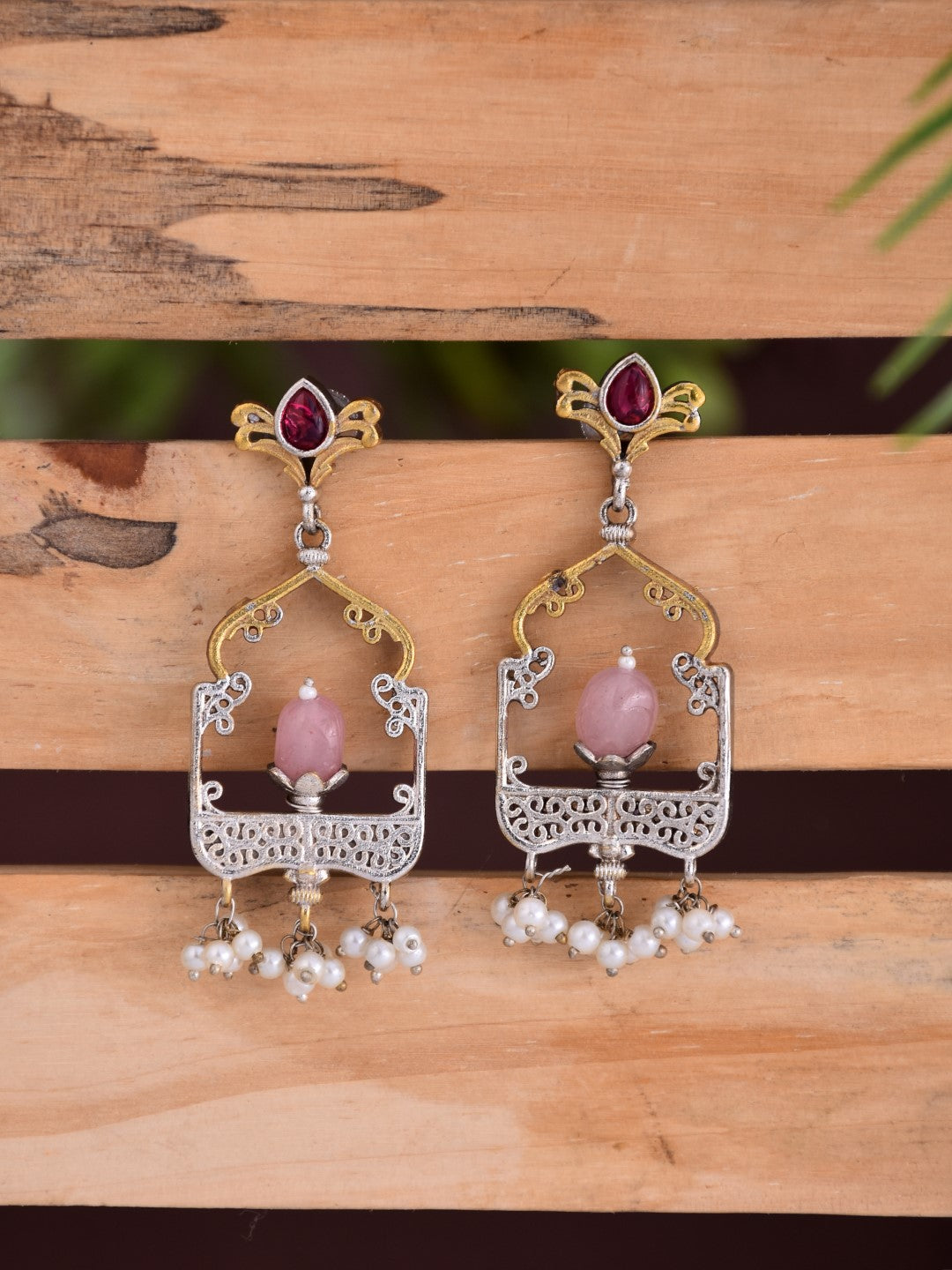 Elegant Dual-Tone Jharokha Drop Earrings