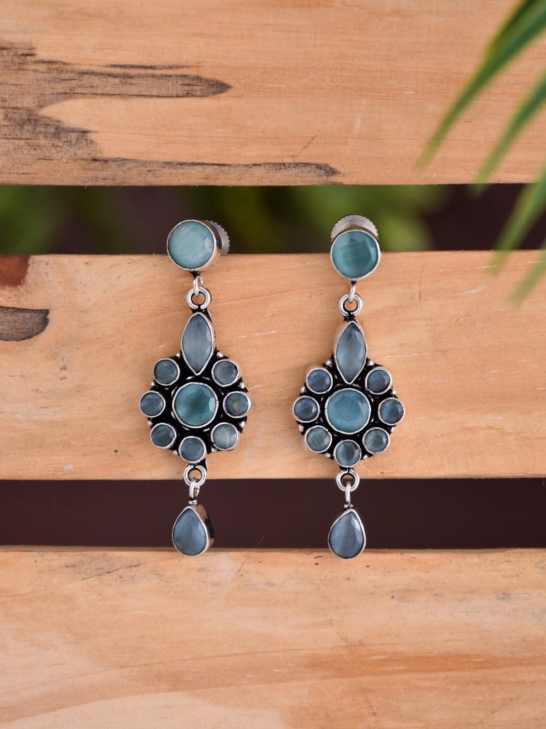 Brass Mint AD Stone Drop Earrings with Floral & Teardrop Design