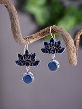 Silver Oxidized Lotus Drop Earrings Navy