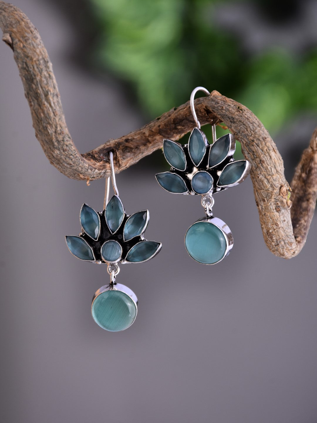 Silver Oxidized Lotus Drop Earrings Mint