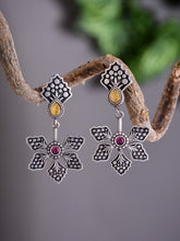 Silver Oxidized Flower Drop Earrings with Self-Embossing