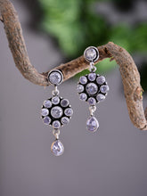 Brass White AD Stone Drop Earrings with Floral & Teardrop Design