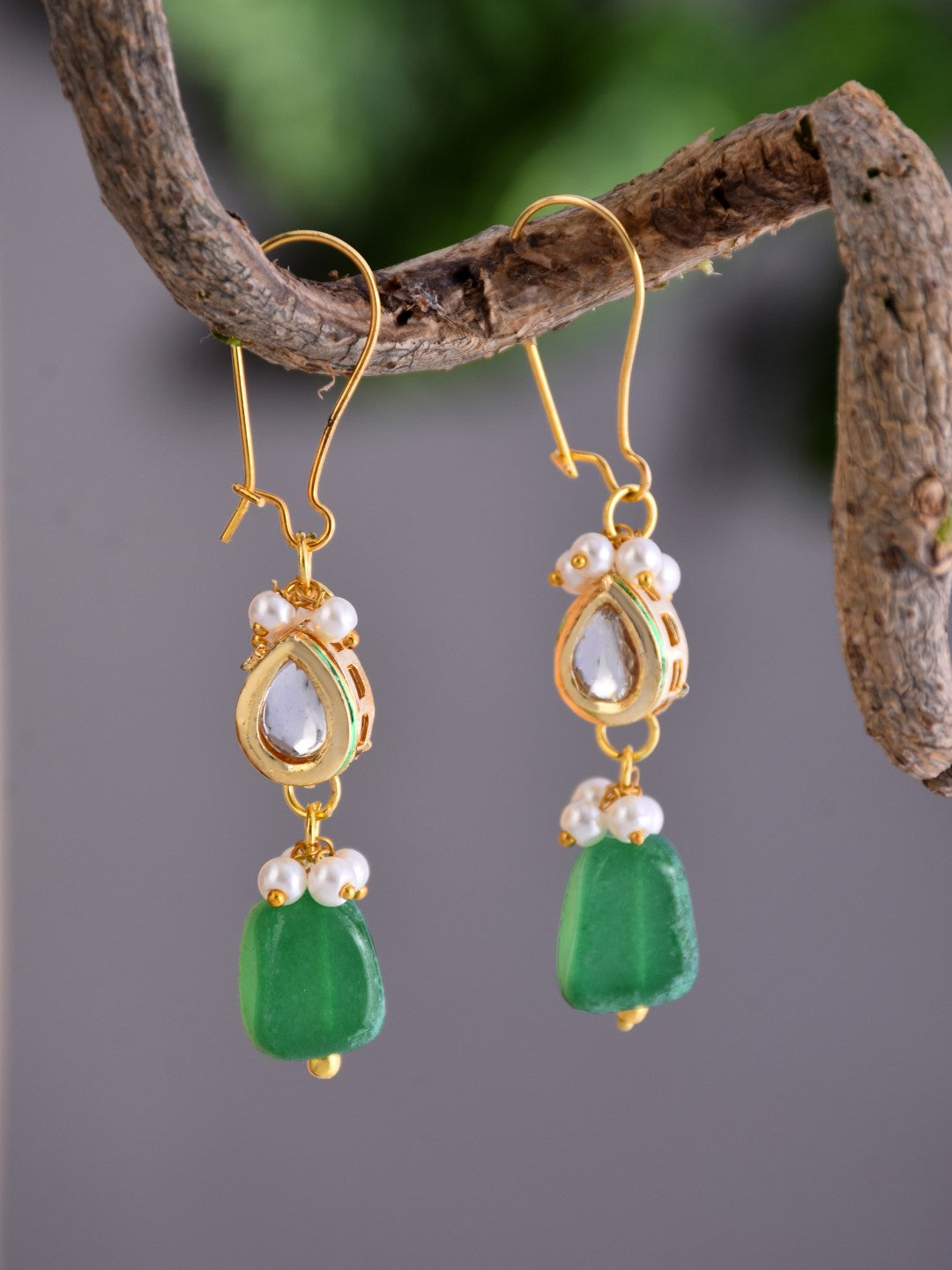 Gold-Plated Kundan & Natural Green Stone Drop Earrings
