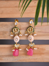 Gold-Plated Long Drop Earrings with Kundan, Meenakari & Natural Pink Stones