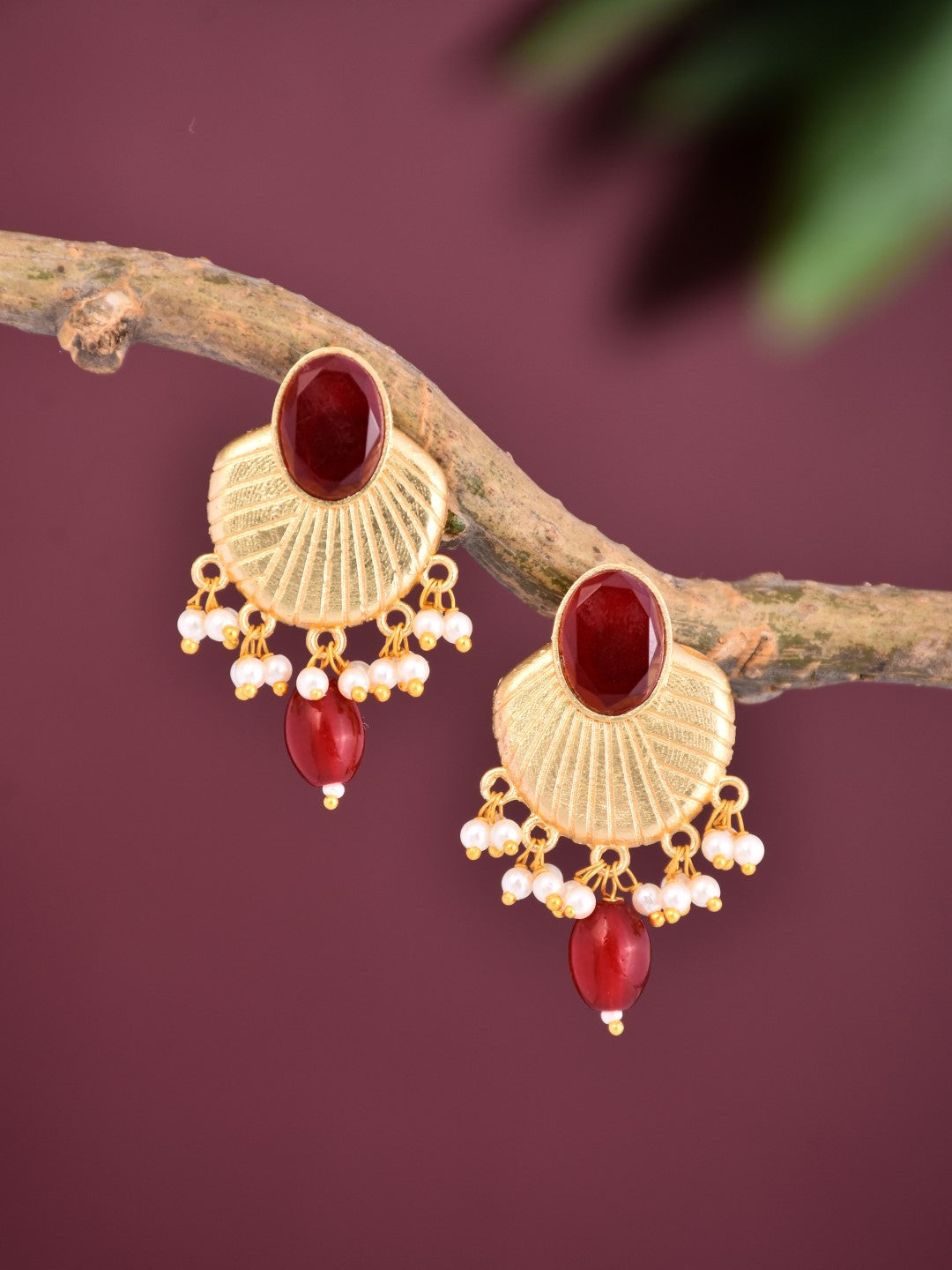 Gold plated Studs with red stone & red pearl drops