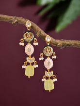 Gold-Plated Long Drop Earrings with Kundan, Meenakari & Natural Yellow Stones