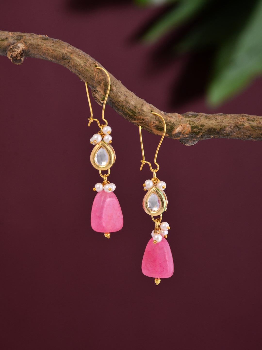 Gold-Plated Kundan & Natural Pink Stone Drop Earrings