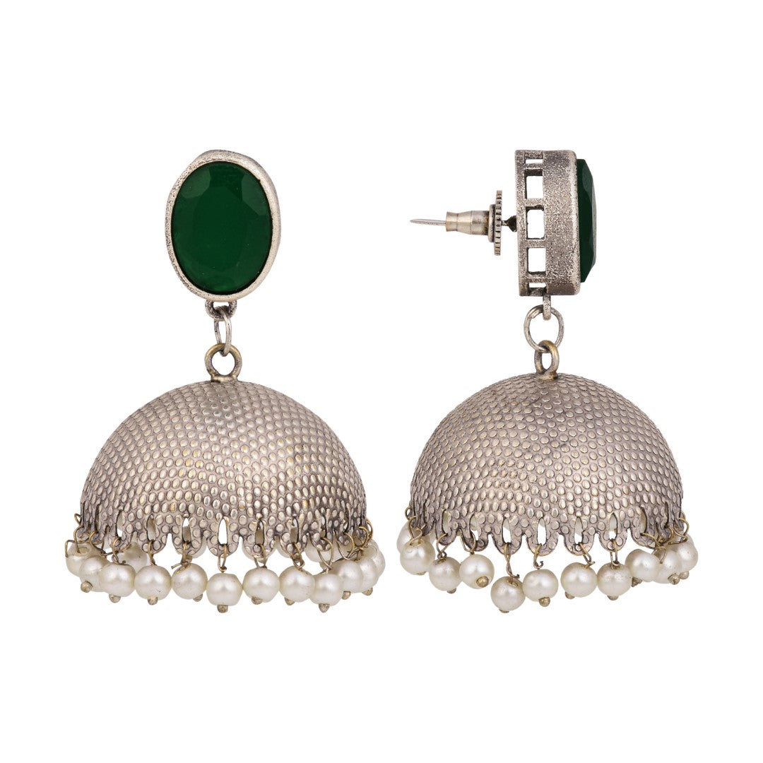 Elegant Silver Oxidised Green Stone Jhumka