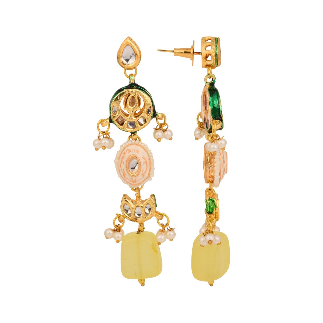 Gold-Plated Long Drop Earrings with Kundan, Meenakari & Natural Yellow Stones