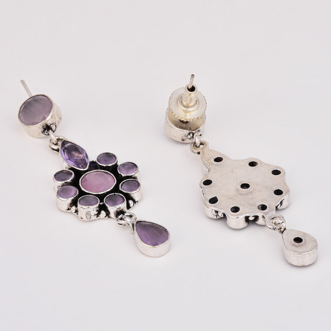 Brass Pink AD Stone Drop Earrings with Floral & Teardrop Design
