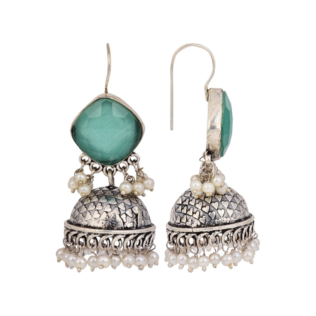 Silver Oxidised finish Jhumka with Blue Stone