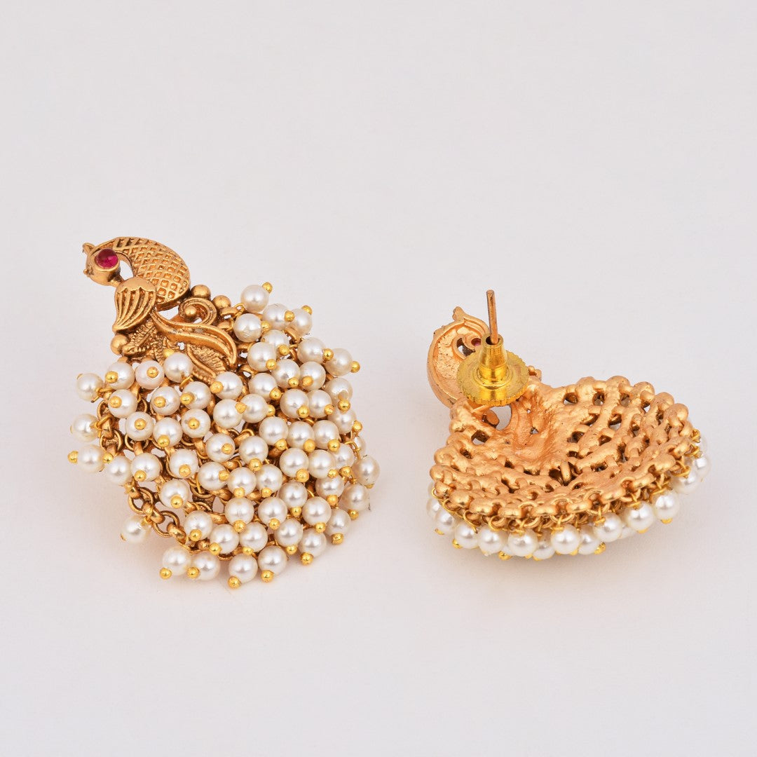 Temple-Style Gold-Plated Peacock Stud Earrings