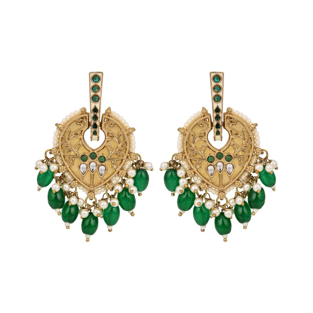 Pear-Shaped MOP Drop Earrings with Green Pearl Charm