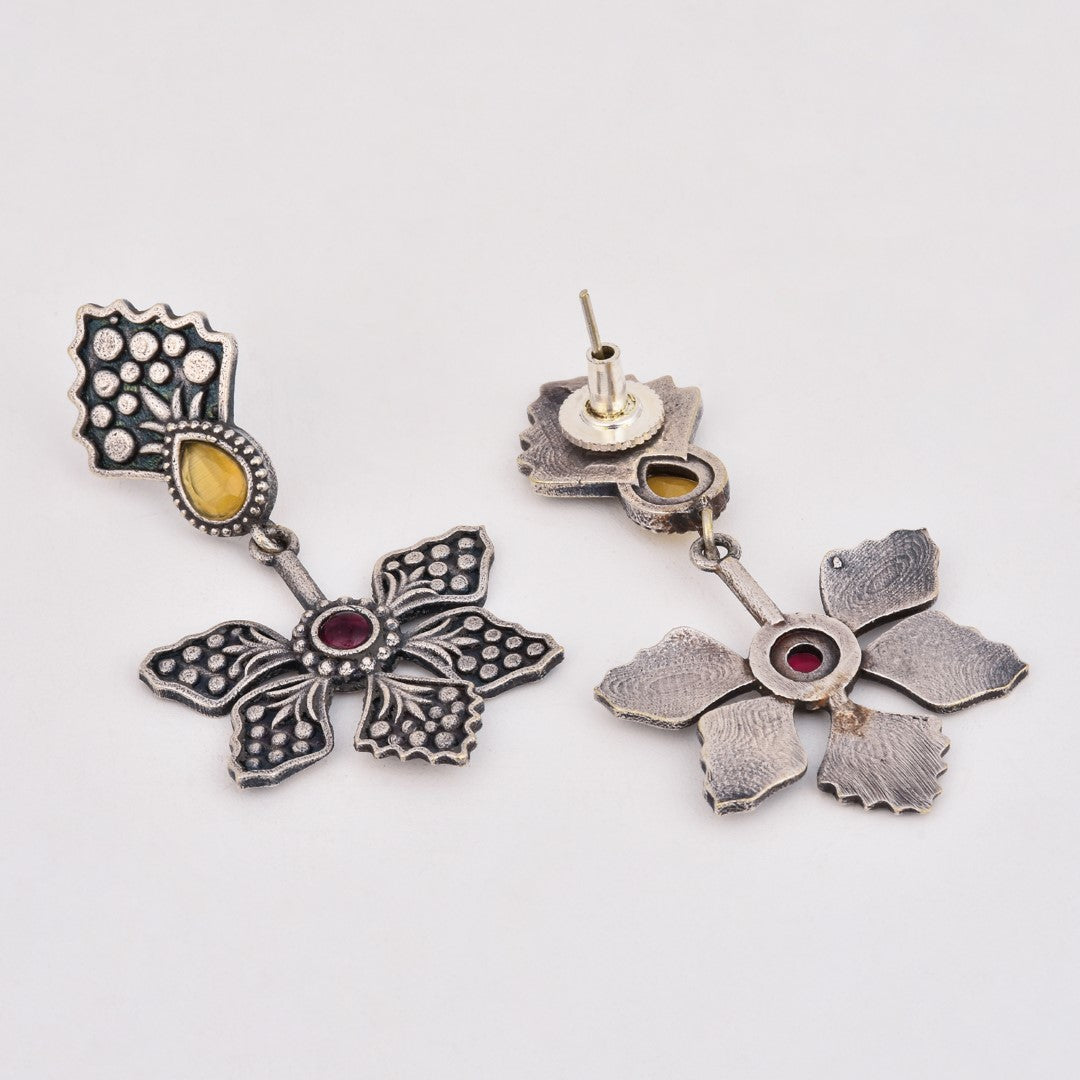 Silver Oxidized Flower Drop Earrings with Self-Embossing