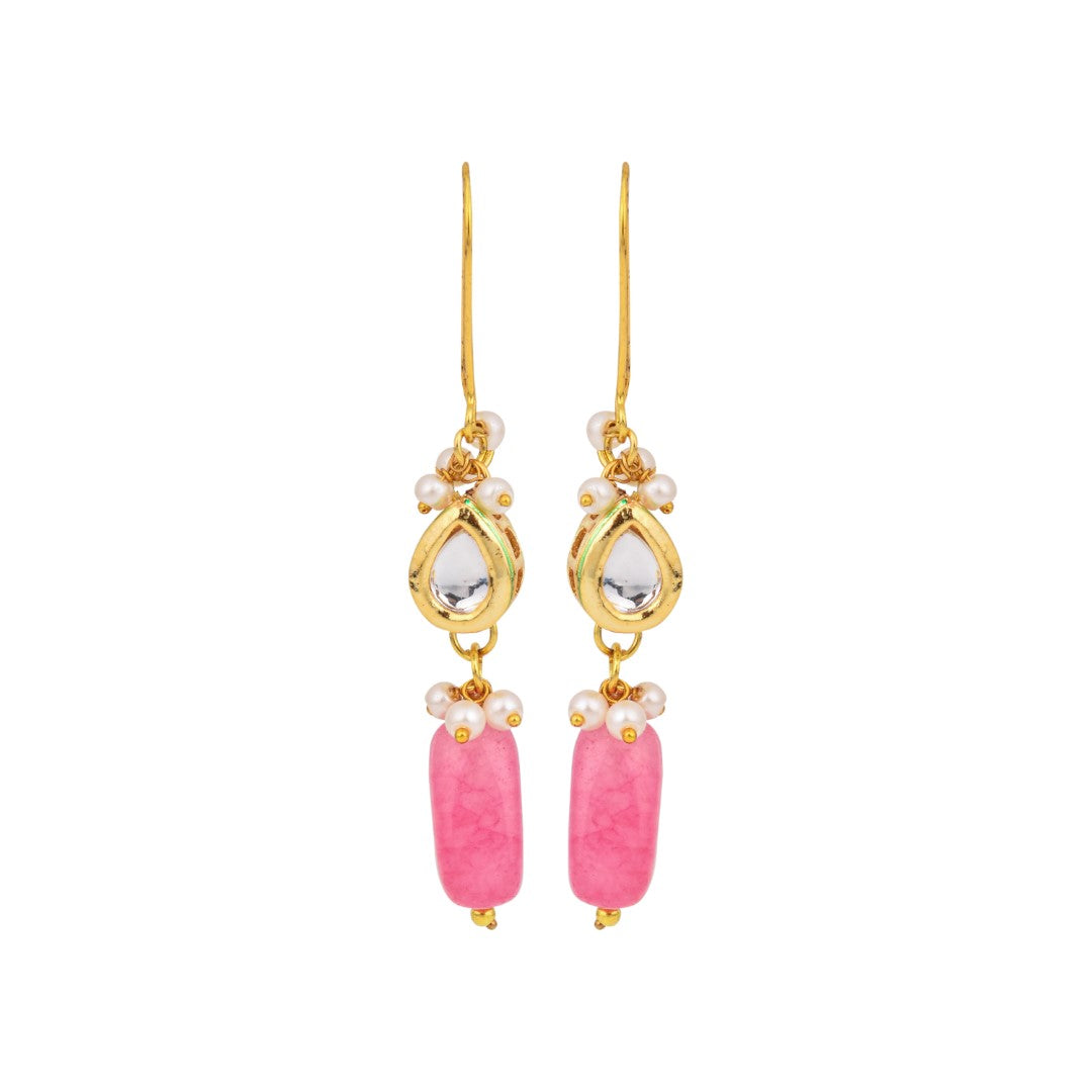 Gold-Plated Kundan & Natural Pink Stone Drop Earrings