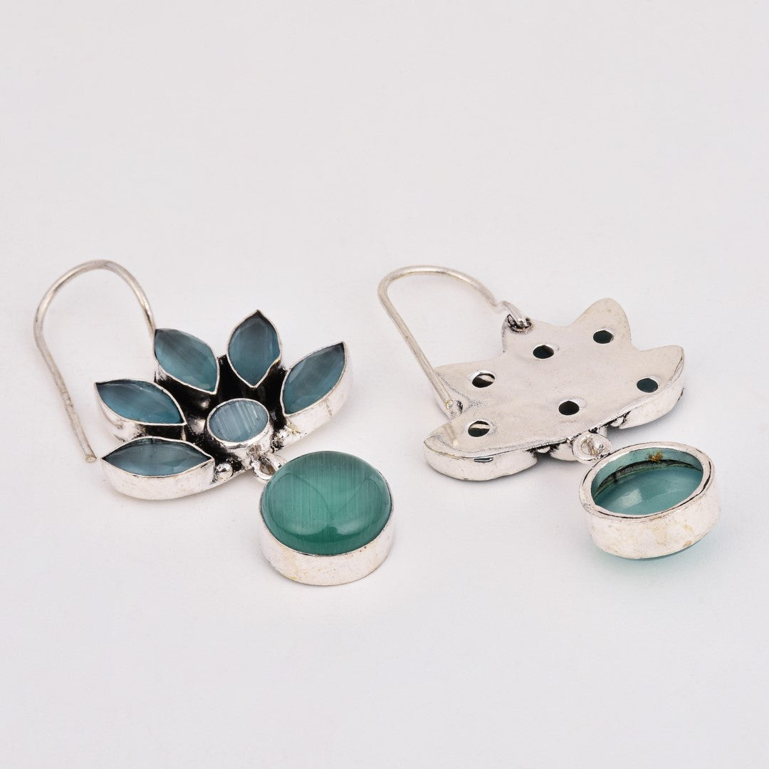 Silver Oxidized Lotus Drop Earrings Mint