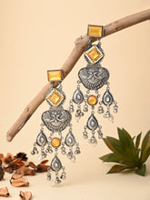 Silver oxydised lightweight long Drop Earring with Yellow Stone