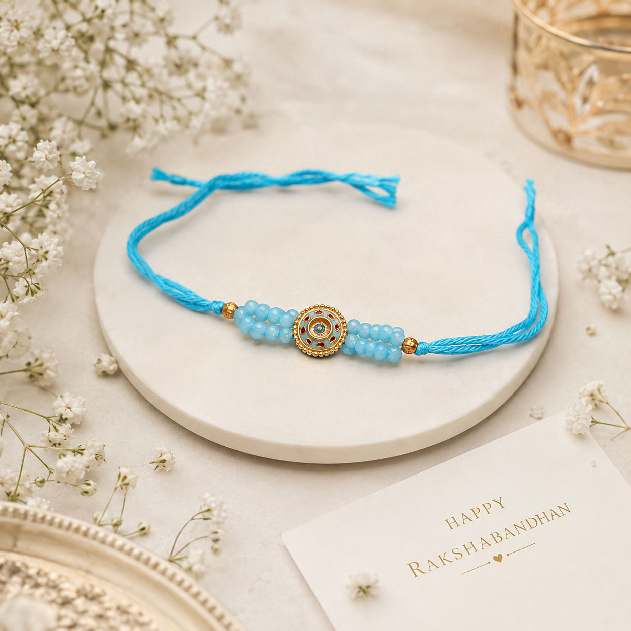 Designer Evil Eye & Sky Blue Beaded Rakhi Set of 2